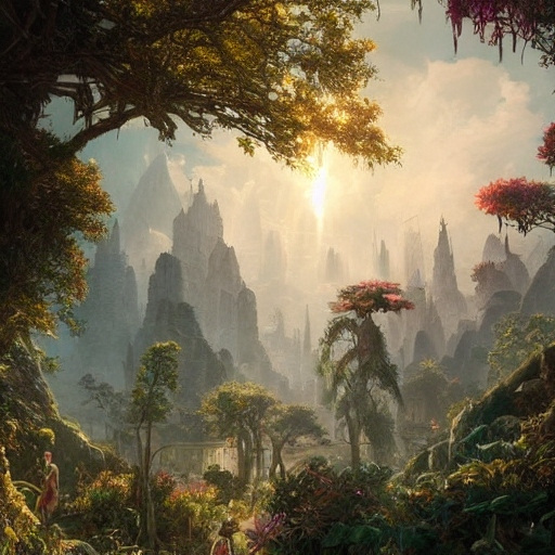 Fantasy landscape, with city buildings scattered across the pinnacles of rock and tree.