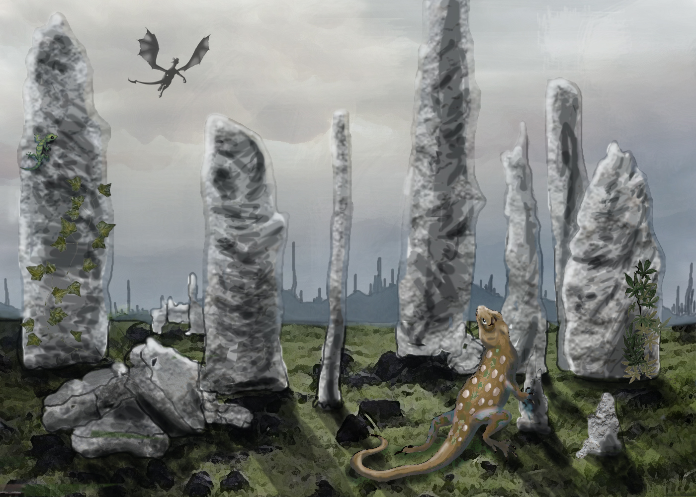 A field of stone pylons, and the animals that inhabit the area